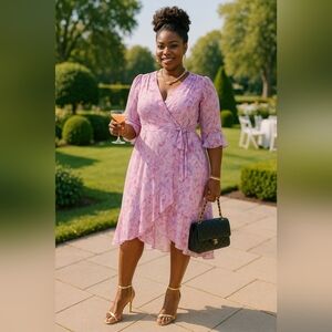 Chic Elegant 24W Events Floral Ruffle High Low Pink Purple Chiffon Flowy Midi